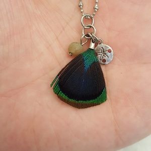 Peacock faux feather and sand dollar necklace